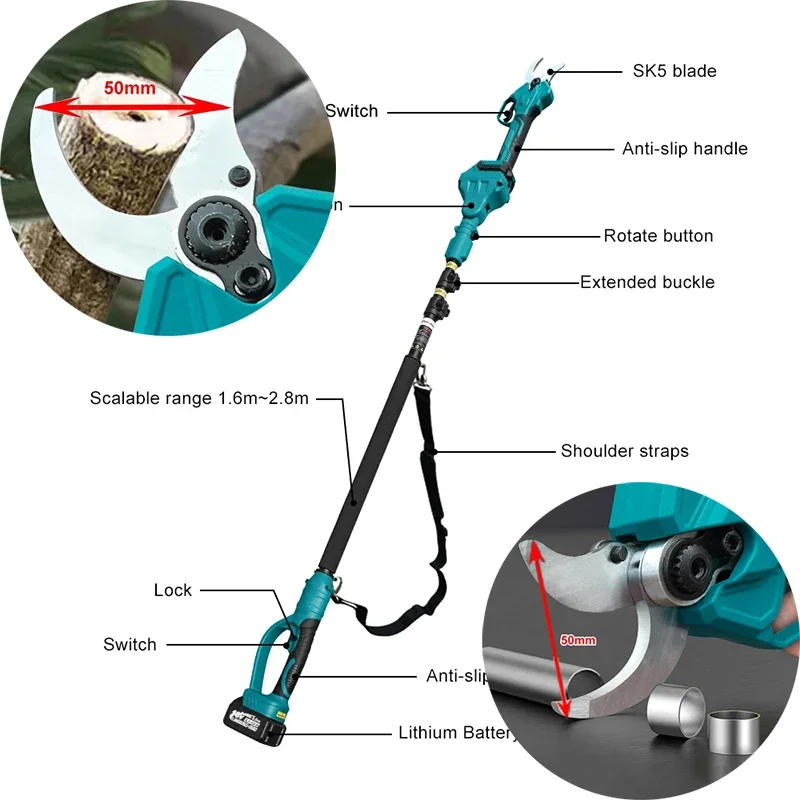 Sécateur électrique sans fil avec poteau télescopique, outil de coupe, ciseaux, sécateur,