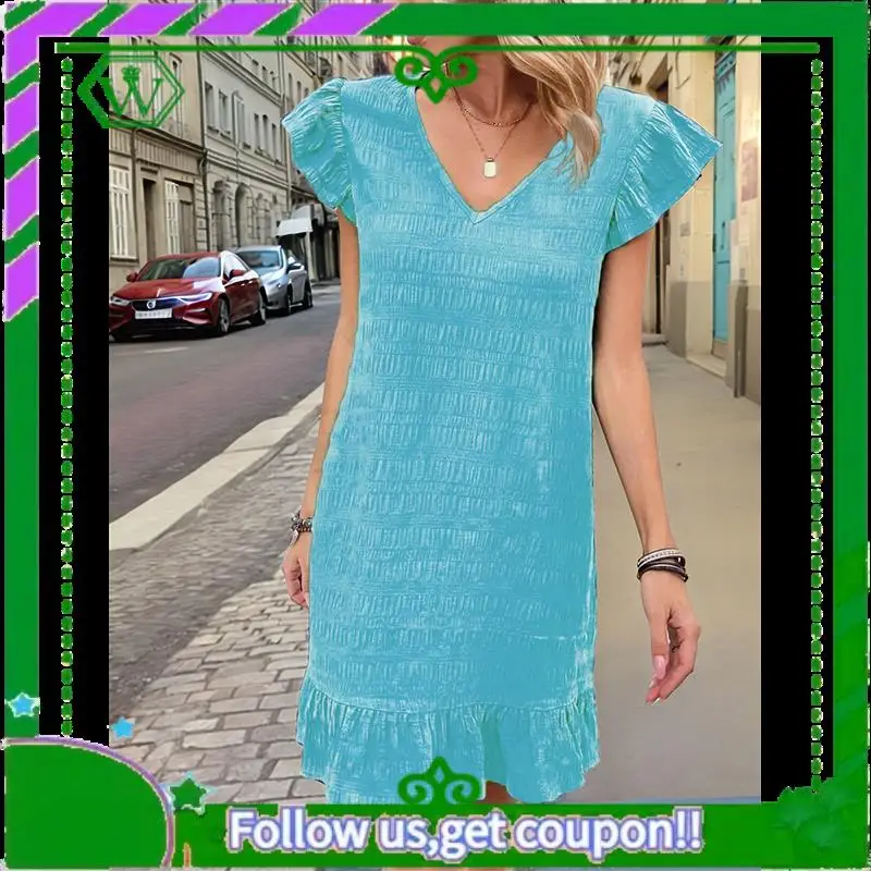 A18P-Summer Dresses For Women V Neck Cap Sleeve Ruffle Hem Smock Short Dress