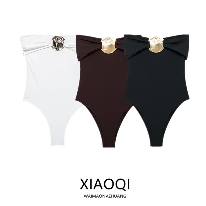 

Bla металлические украшения, купальник на одно плечо, женские модные осенние новинки 2024, универсальные брюки со средней талией