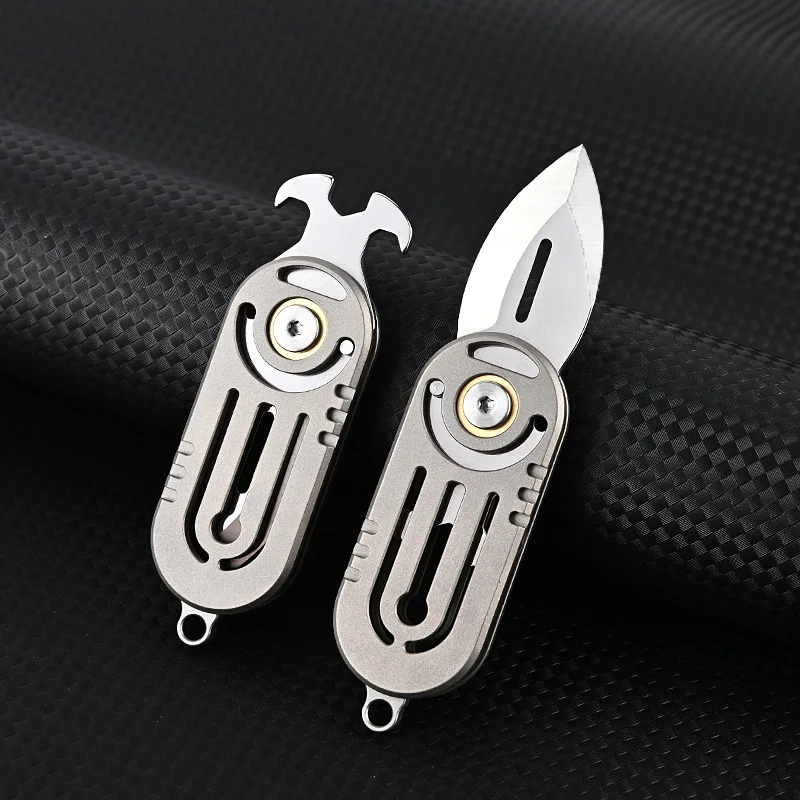 360° Rotating MINI Knife Titanium Alloy Handle D2 Blade Multifunctional Bottle Opener Screwdriver Outdoor EDC Self-defens Tool