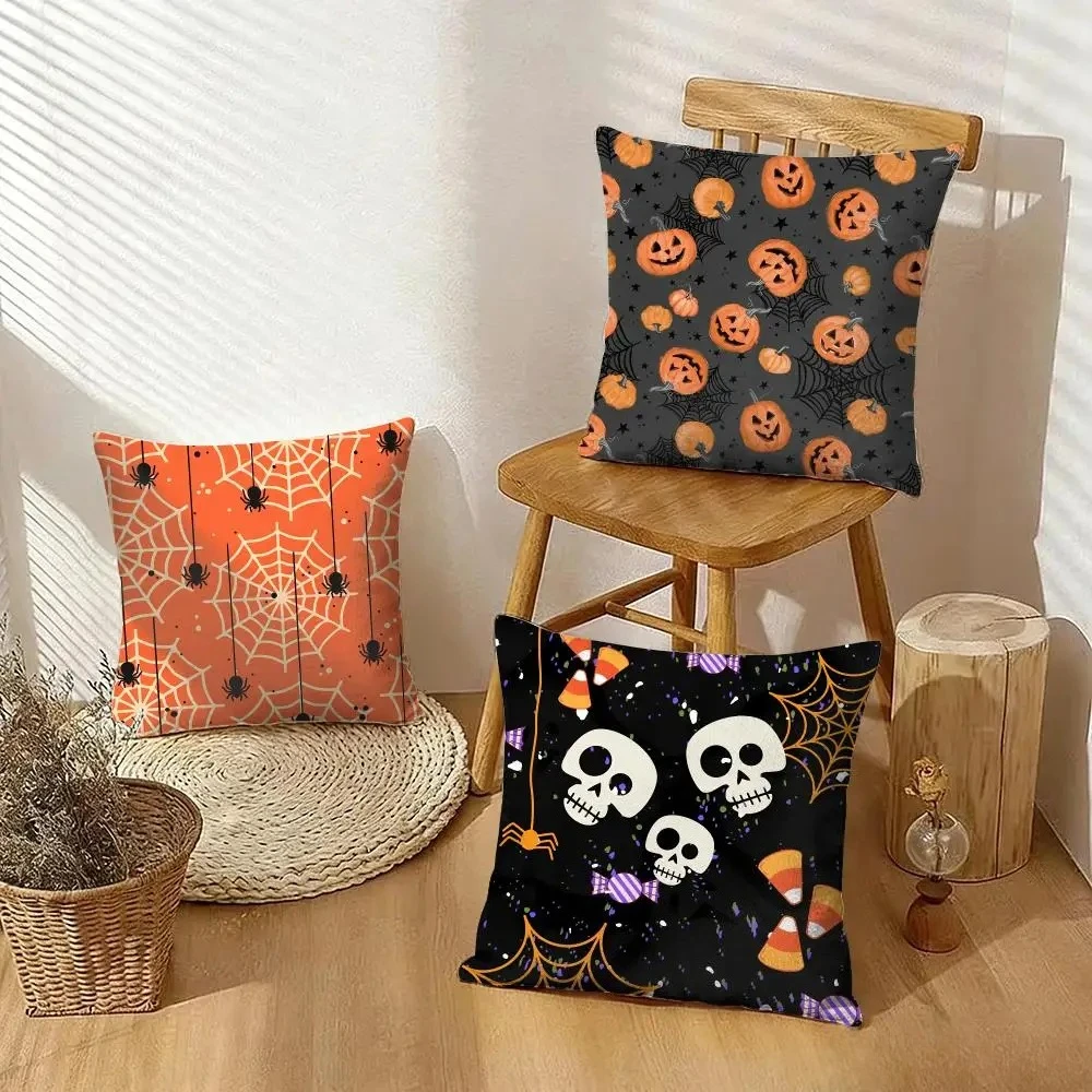 Happy Halloween Scary Spider Web Cushion Cover Silky Short Plush Invisible Zipper Dustproof Sofa Pillow Cover For Home Decor