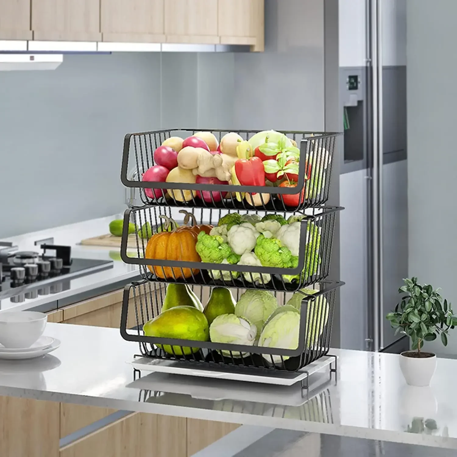 

Two Tier Fruit Vegetable Bread Storage Countertop Holder Detachable Metal Wire Home Kitchen Office