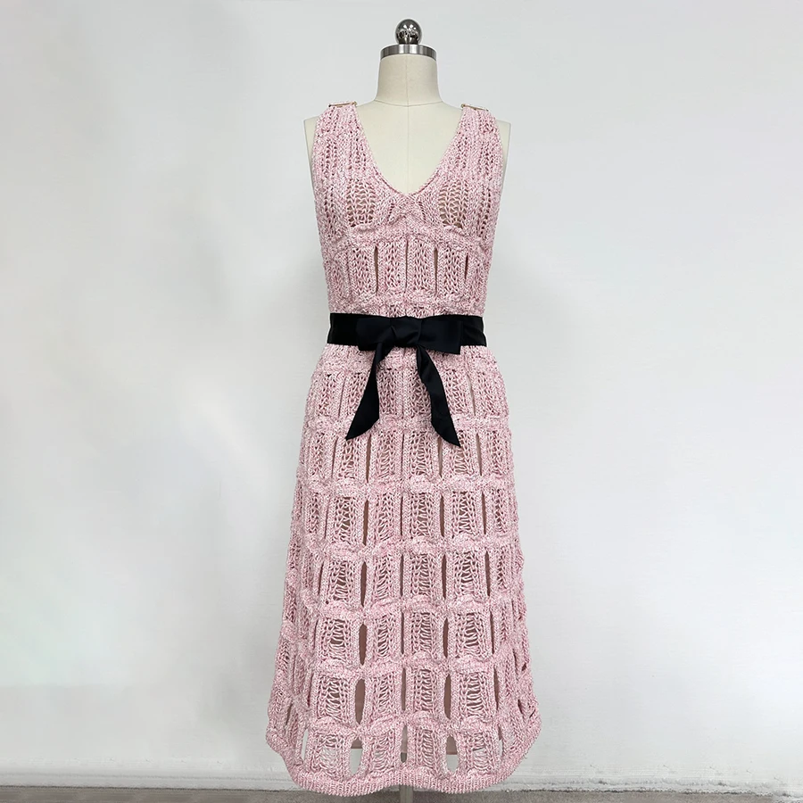 

NIGO Women's Spring/Summer V-neck Bow Strap Solid Color Hollow Cotton Sleeveless Dresses #hz1115