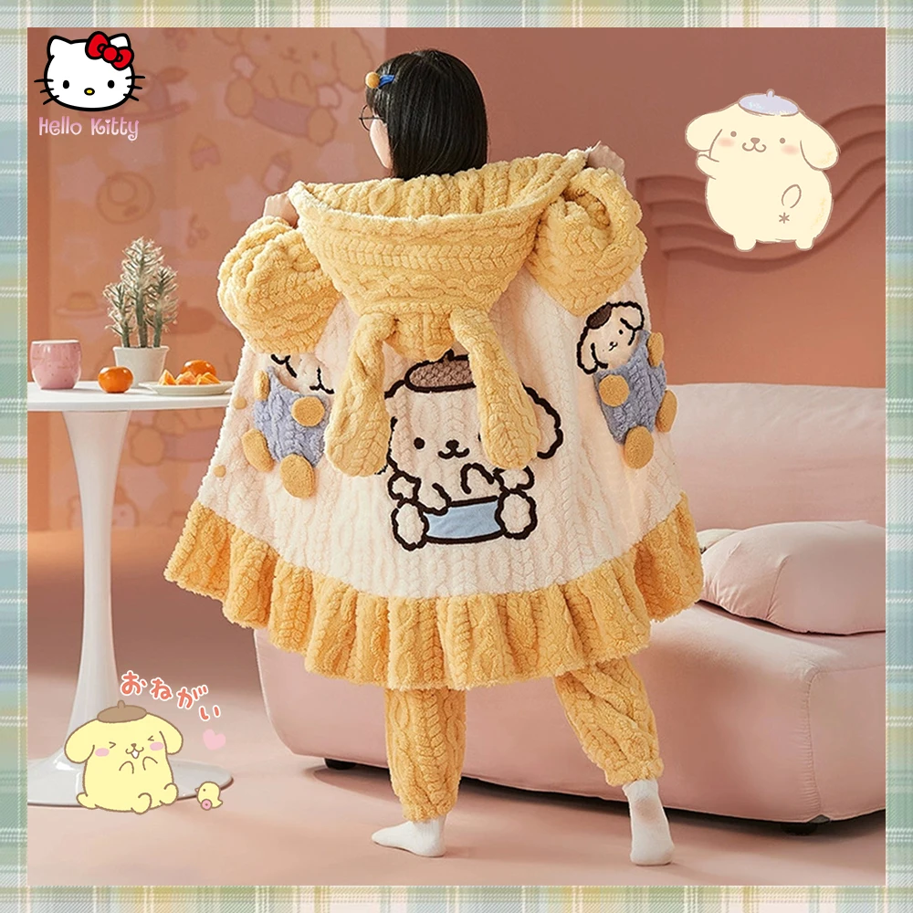 Pompom Purins Kuromi Cinnamoroll Kawaii Anime Parent-Child Plush Pajamas Robe Sanrio Girl Winter Cartoon Warm Thicken Home Wear