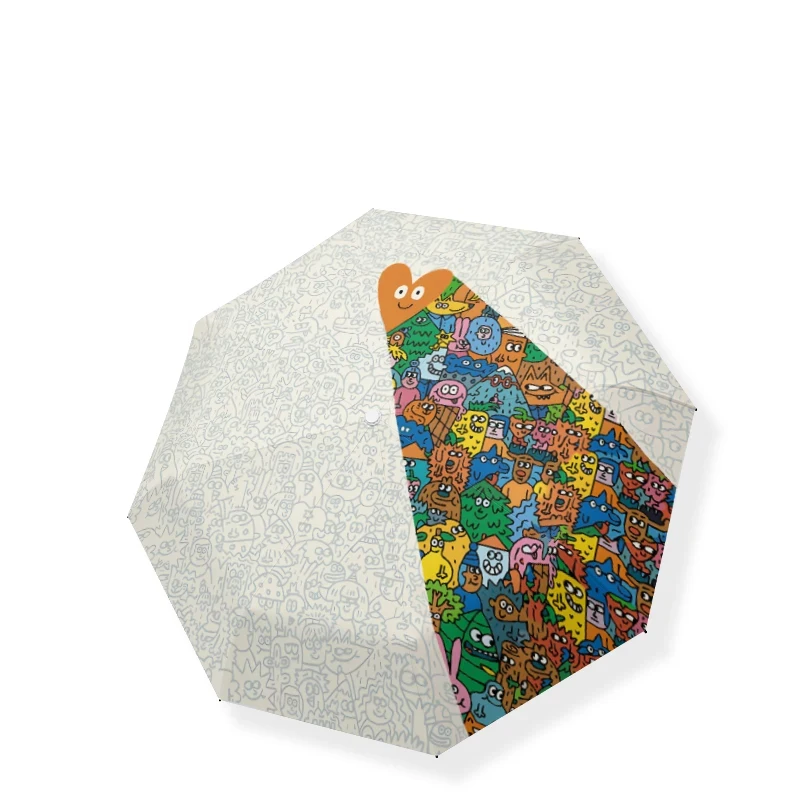 

UPF 50 Plus Black Lining UV Heat Block Fully Auto Graffiti Digital Print Portable Folding Dual Use Sun Rain Travel Parasol