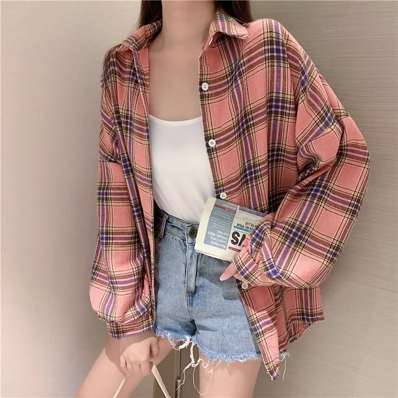 Women Retro Plaid Shirts Turn Down Collar Long Lantern Sleeve Loose Shirt Mid Length Autumn Harajuku Outwear Tops Blusas Mujer