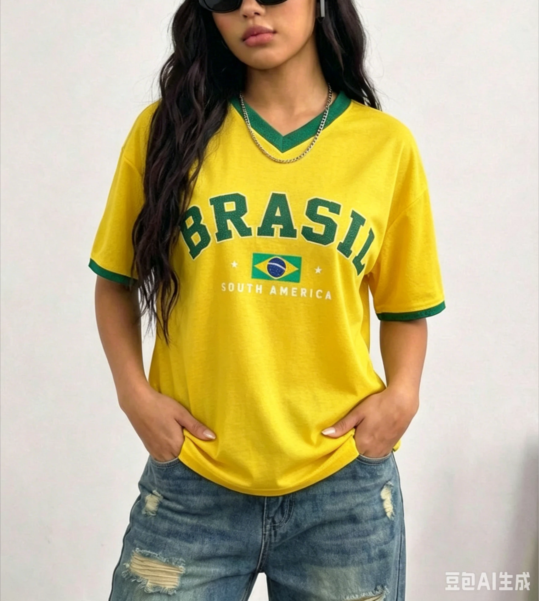 Summer Women V-Neck T-Shirt Yellow Green Brazil Style 3d Print Casual Graphic Streetwear Sports Tops Fashion Loose Streetwear