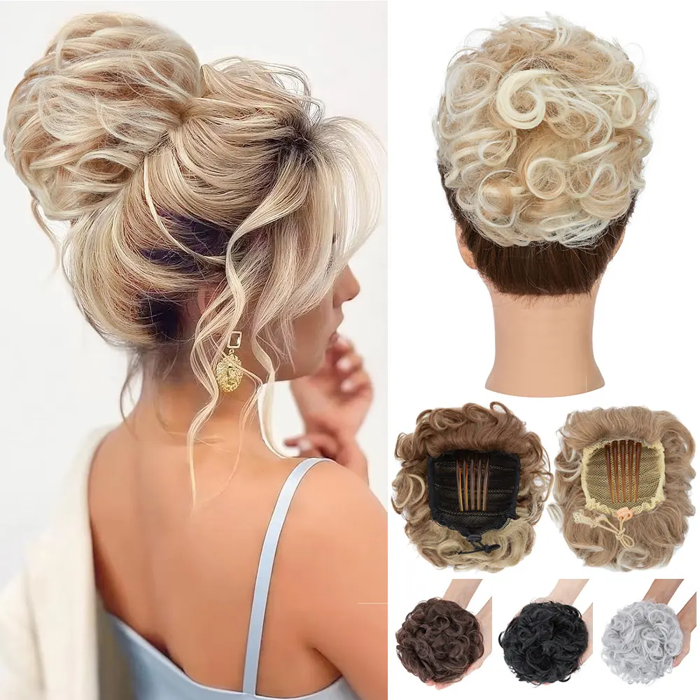 

Snoilite Synthetic Messy Curly Hair Bun Hairpiece Bun Chignon With Comb Clip Elastic Drawstring Short Ponytail Hair Extensions