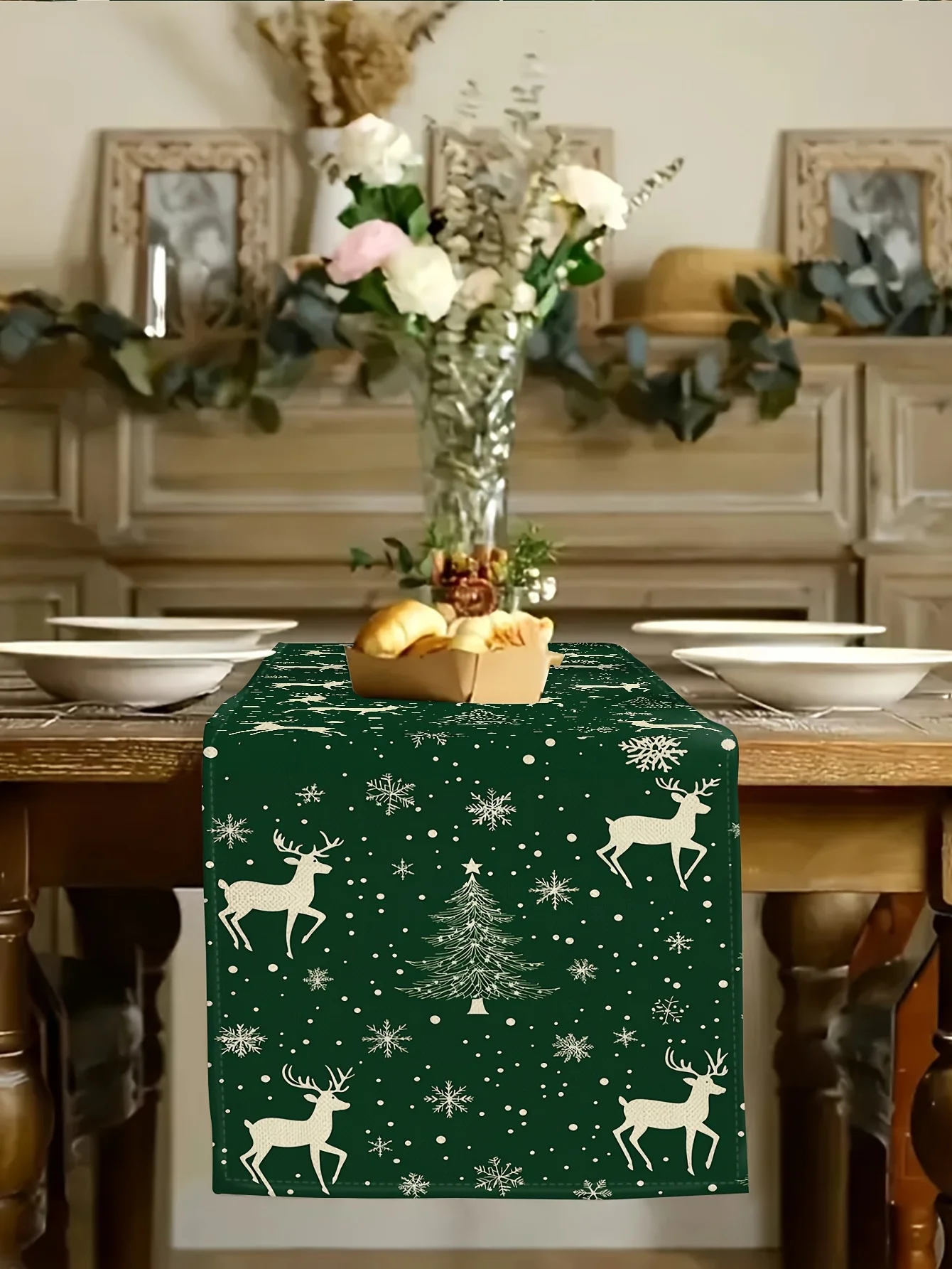 

Christmas Green Deer Pattern Table Runner Holiday Dining Decor Kitchen Dining And Indoor Home Party Decoration