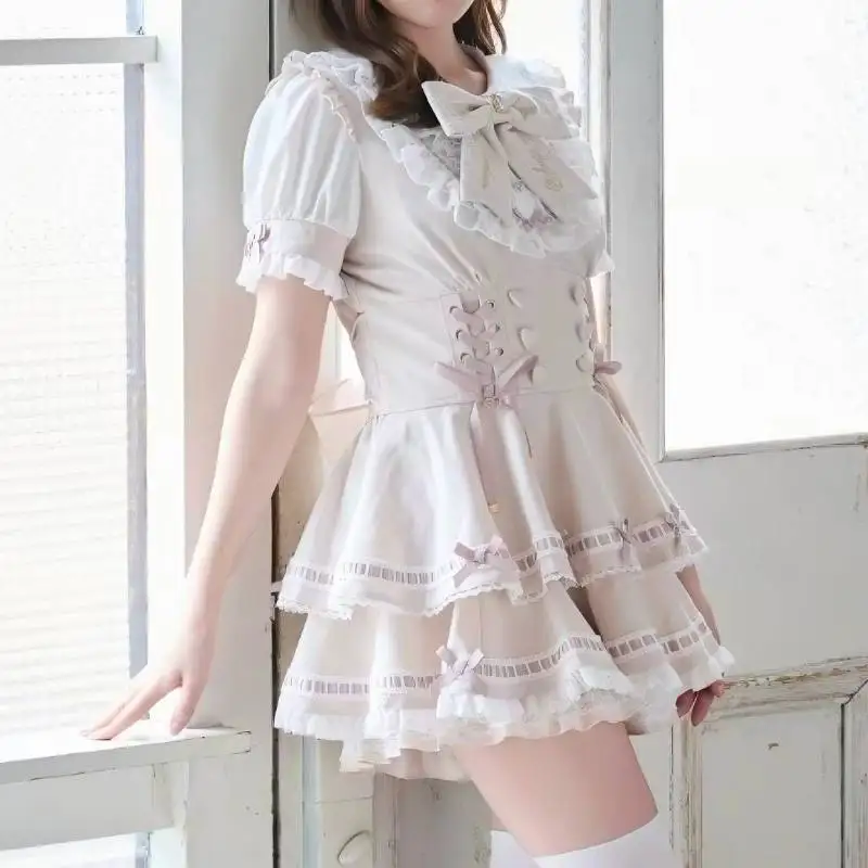 Kawaii Black White Gothic Lolita Dress Puff Short Sleeve Tiered Suspender Skirt Lace Bow Sweet Girly Jirai Kei Costume view 2