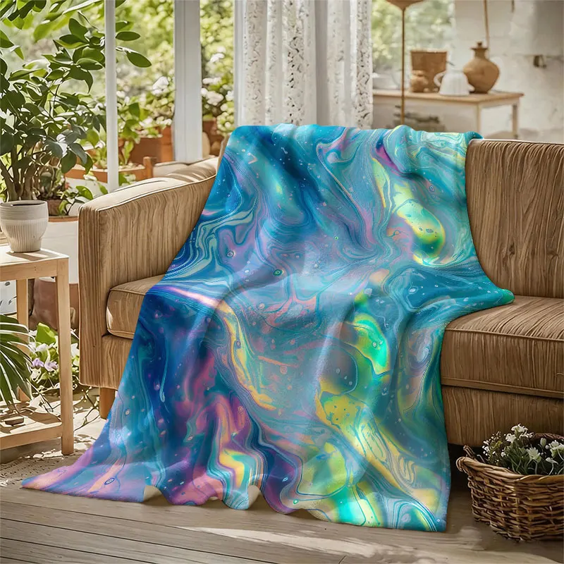 Iridescent Blue Liquid Marble Flannel Blanket Warm Soft Halloween Christmas Decorative Couch Warm Cozy All-Season Gift