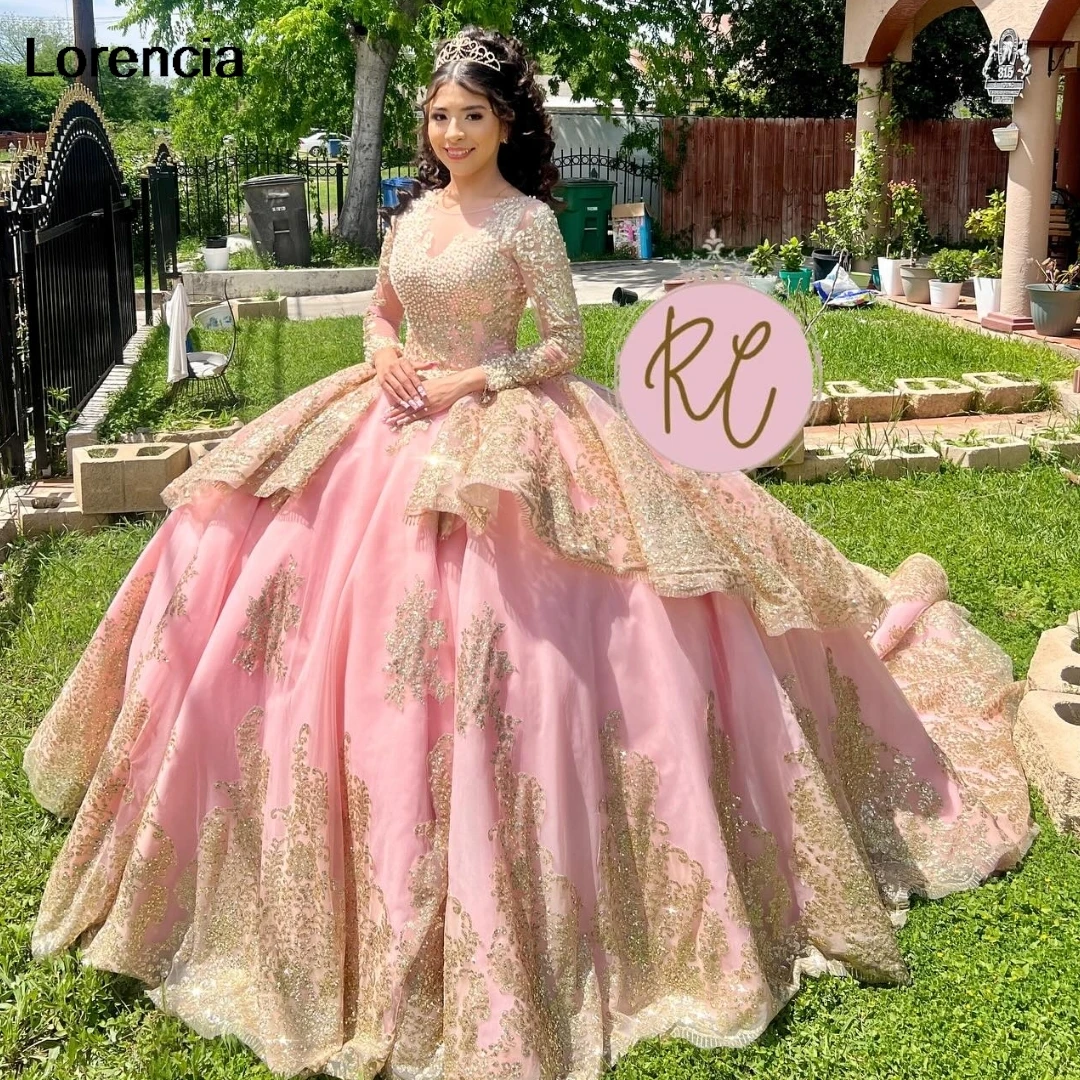 LorstudMexican-Robe de Quinceanera Rose, Robe de Bal, Dentelle Dorée, Appliques Perlées, Manches sulf, Douce 16, Robe Éducative De 15 Ans, YQD849