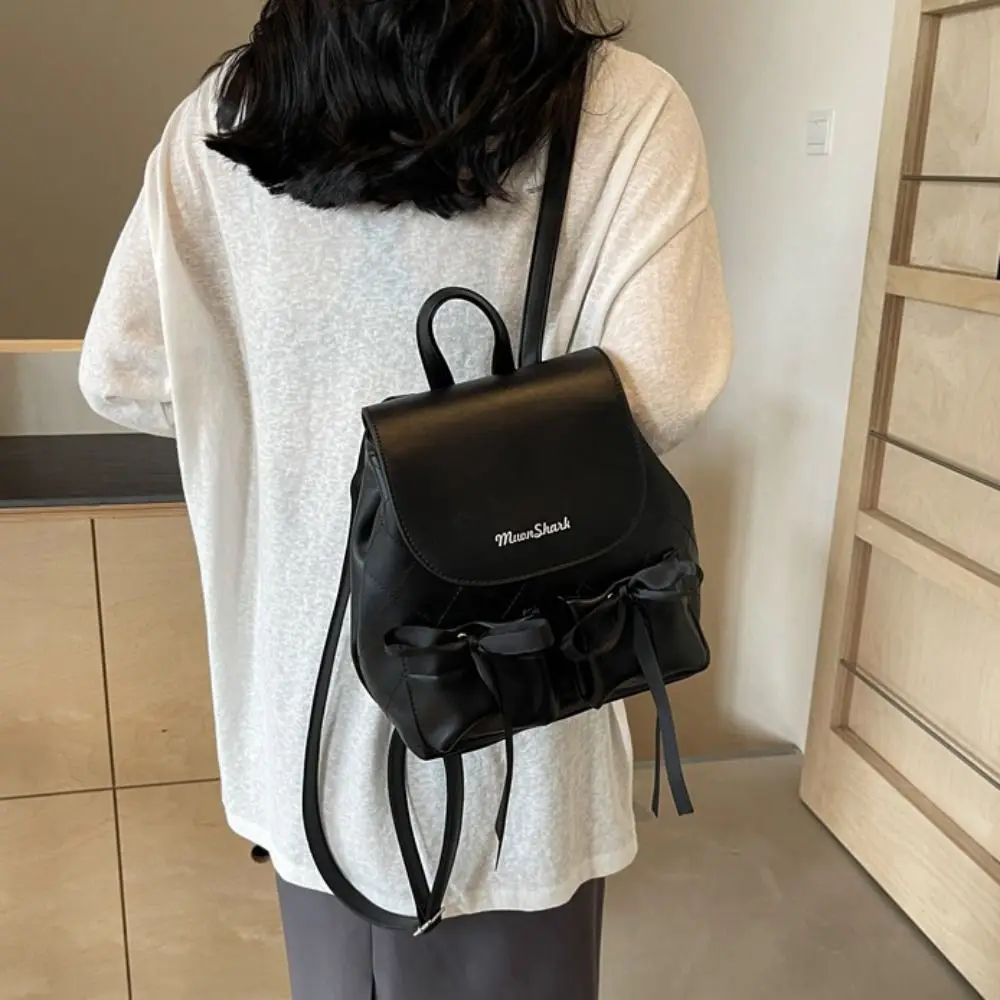 Korean Style Bowknot Backpack Ballet Style Large Capacity Nylon Drawstring Knapsack Double Bow Solid Color Y2k School Bag Women