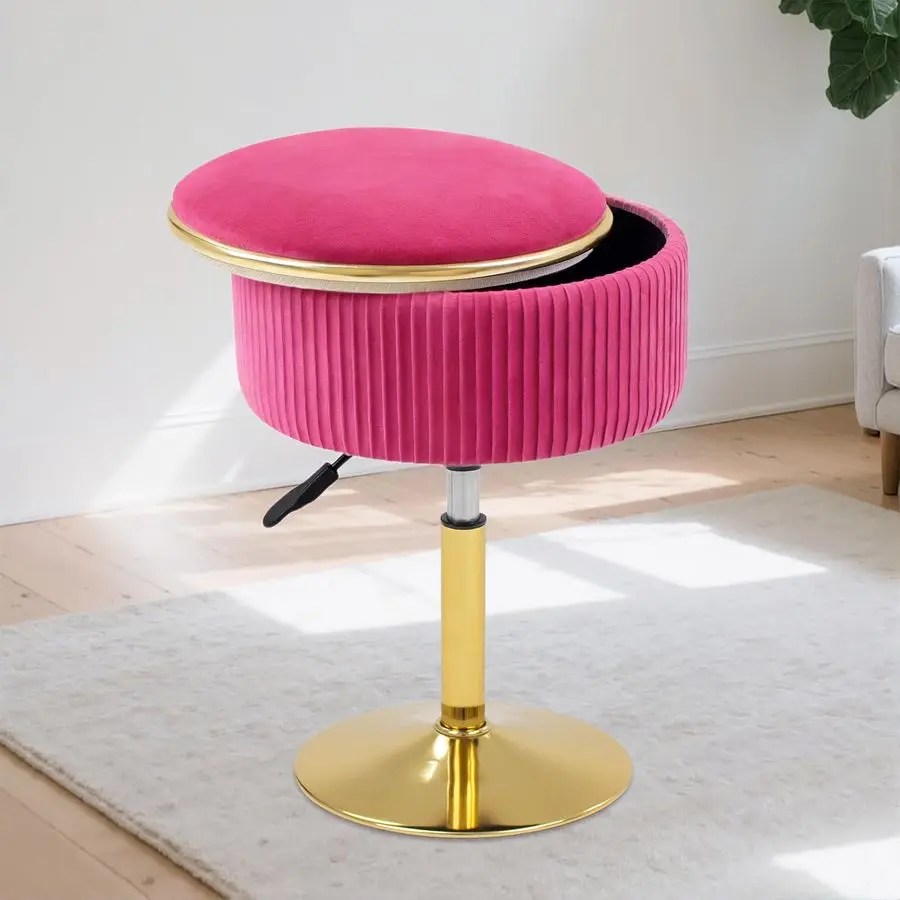 

Adjustable Vanity Stool with Storage, 360 Swivel Makeup Stool Chair Small Velvet Round Ottoman with Gold Base for Bedroom Hot P