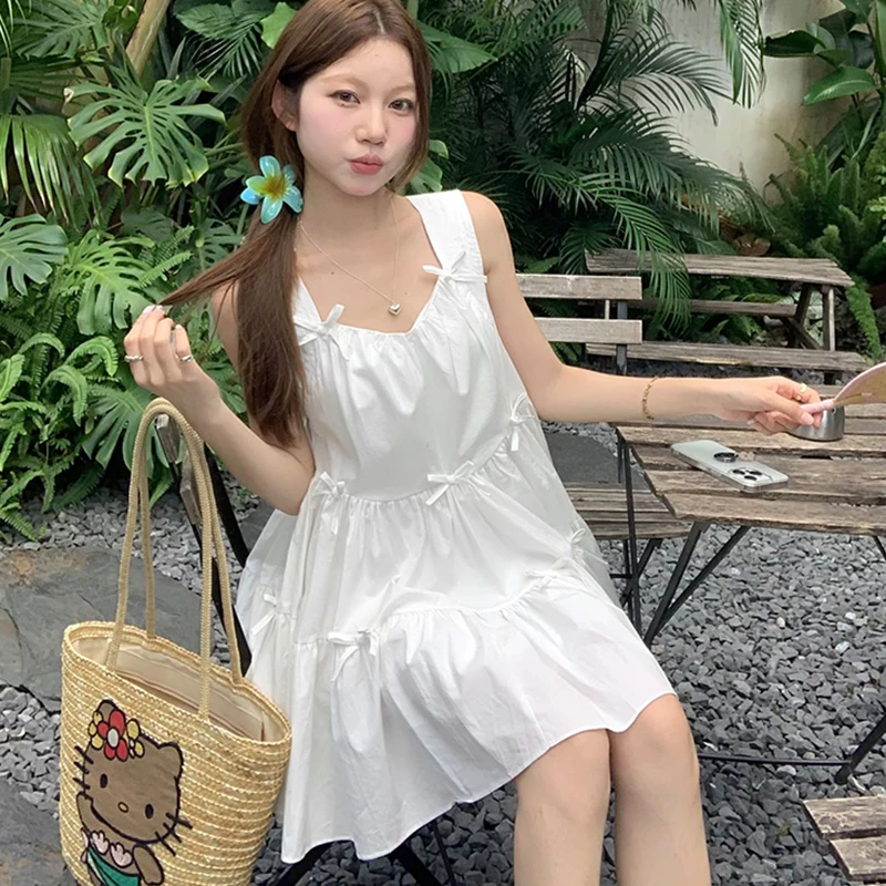Doce bowknot colete suspender vestido feminino verão férias solto vestidos inchados