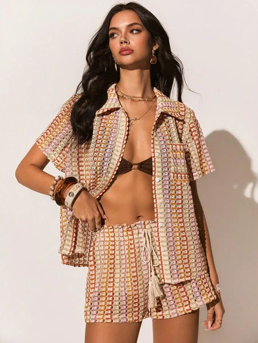 

Womens Boho Crochet Drawstring Tassel Shorts Multicolor Knit Beach Festival Summer Outfit
