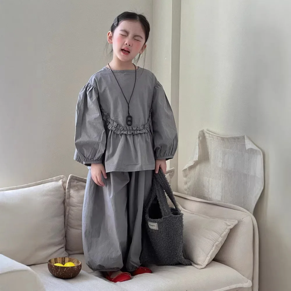 Girls 2026 Spring Korean Set Children Bubble Sleeve Temperament Doll Shirt Lantern Pants Two-piece Set Trendy