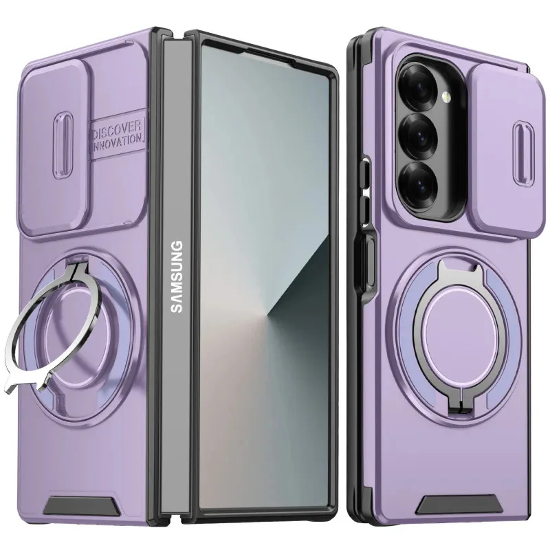 Hard PC Sliding Window Lens Protection Rotating Ring Bracket Phone Case For Samsung Galaxy Z Fold 7 6 Shockproof Protect Cover