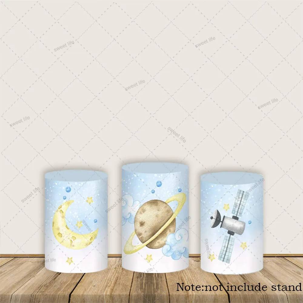 Azul espaço exterior tema cilindro cobre pano de fundo banner planeta detector festa de aniversário do bebê pedestal capa