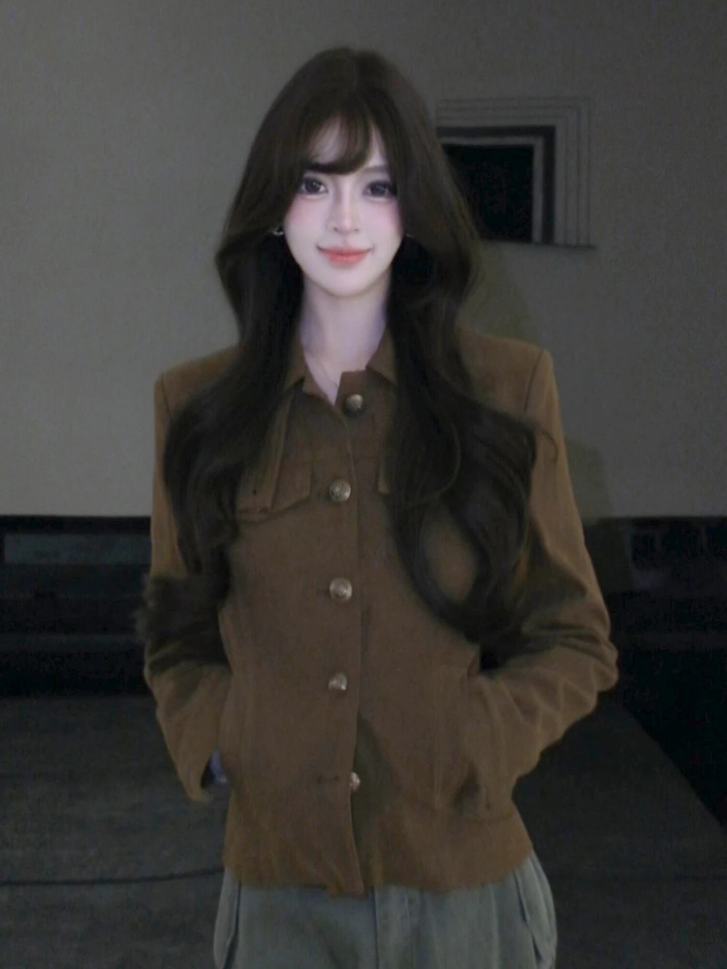 

Retro Brown Stand Collar Jaet Women's ort Waist-Cinching Outerwear Korean Sle Cotton 00% Autumn Winter New Design