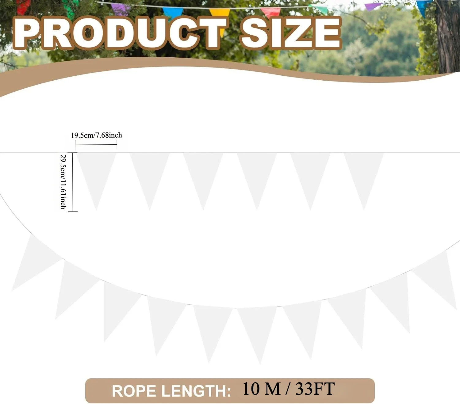 10 m weiße dreieckige Kunststoff-Wimpelflaggen für Hochzeit, Geburtstag, Party, Dekoration, Outdoor-Wimpelkette, Girlande für Camping, Garten, Babyparty – Detail 2