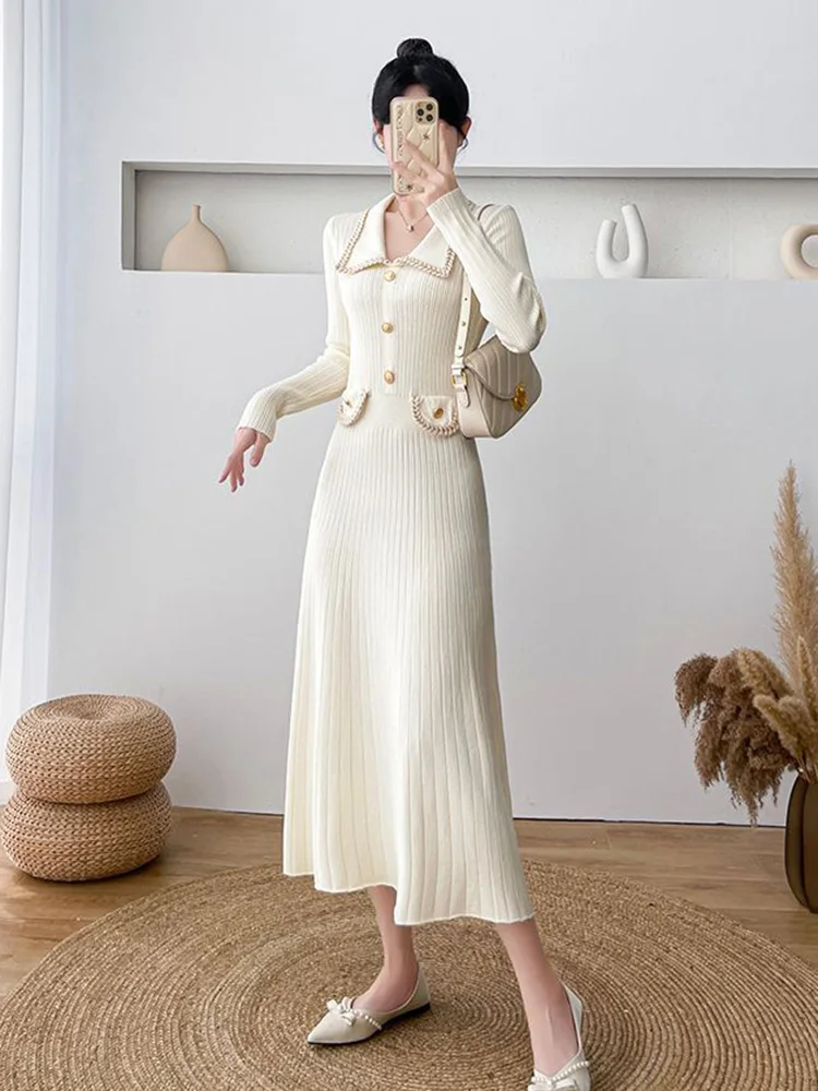 Zoki Casual Sweet Knitted Long Dress Women Slim Long Sleeve Elegant Korean Dress Autumn Fashion Female Buttons Apricot Dress New