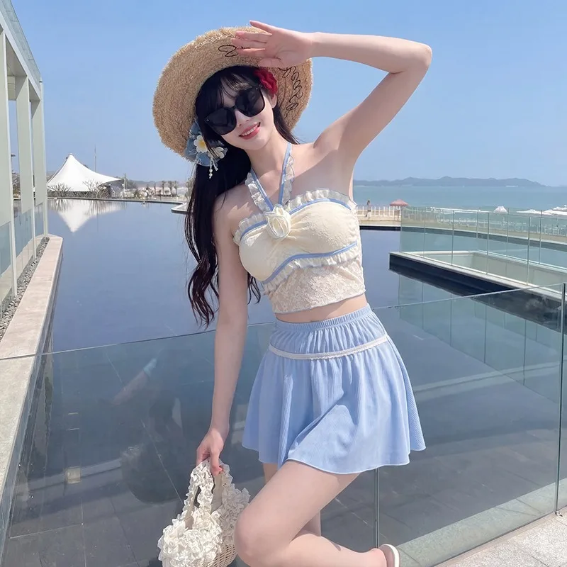 Women's 3-Piece Halter Neck Ruffle Swimsuit Set with Skirted Bottom Cute Lace Bathing Suit for Beach Vacation and Pool
