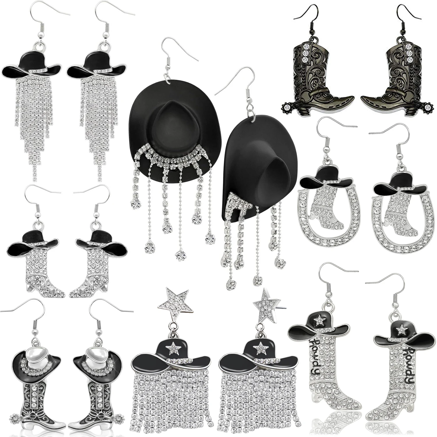 Retro Black Western Cowboy Hat Shoes Tassel Cow Head Horseshoe Pendant Earrings for Women Vintage Cowgirl Drop Earrings Jewelry