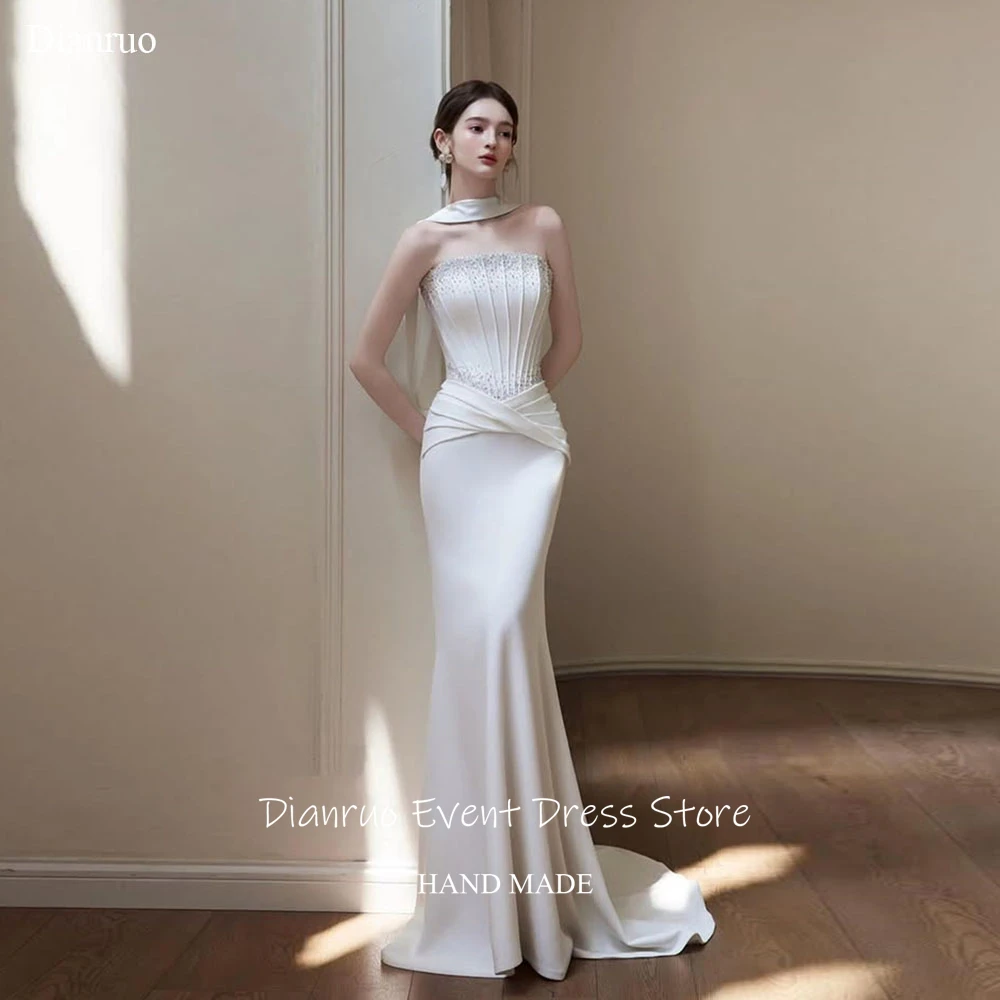 Dianruo Sparkly Crystal Mermaid Wedding Dress Ribbons Backless Vestido De Noiva Strapless High Quality Evening Dress Customized