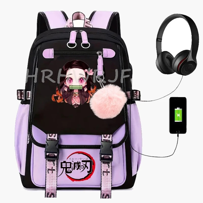 Mochila Anime Demon Slayer Nezuko Kamado com Carregamento USB, Capacidade para Laptop, Mochilas Escolares para Estudantes, Viagem, Esporte, Casual