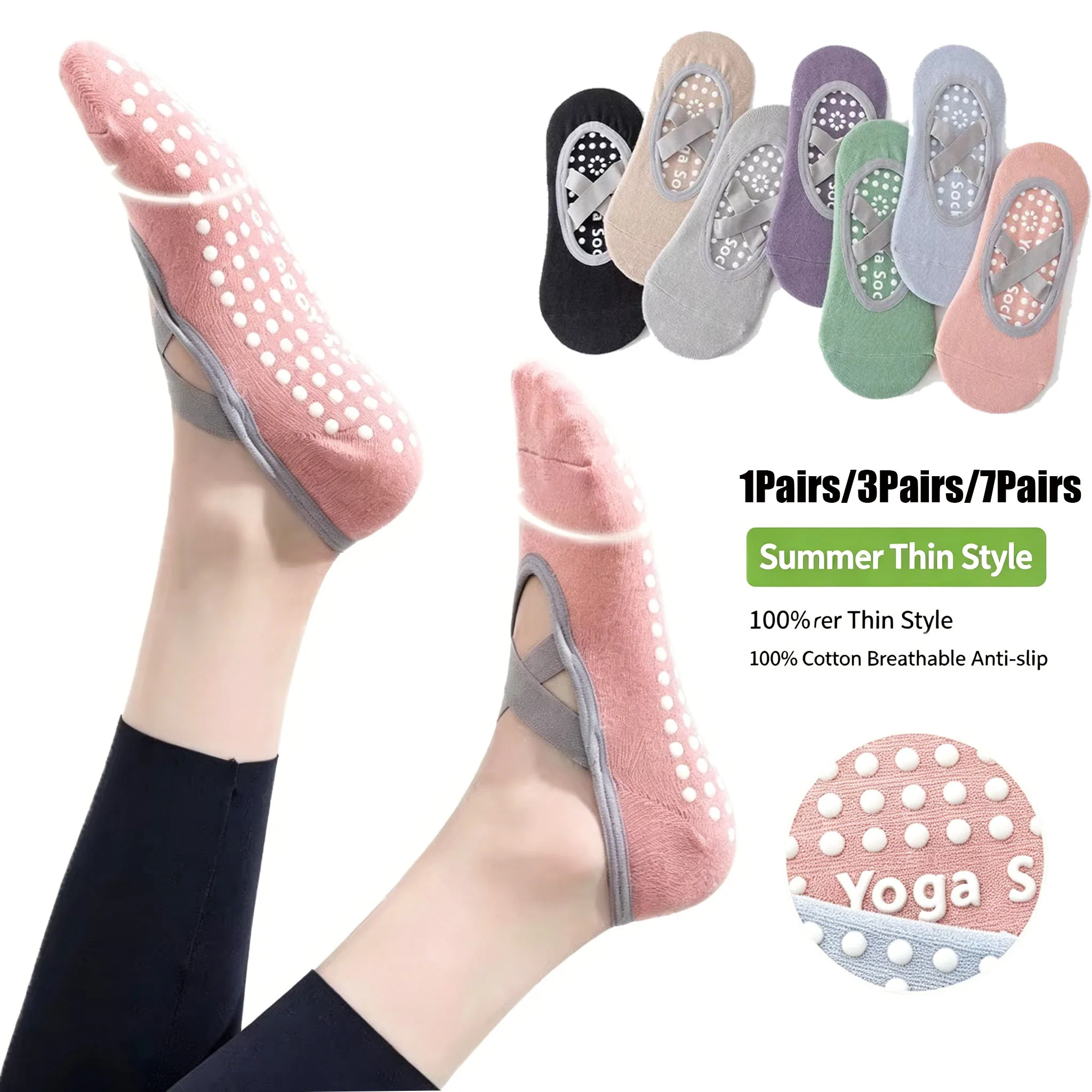 

Multi Pack Women Yoga Pilates Socks, Non-slip Silicone Grip Floor Socks, Breathable Cross Band Socks for Ballet Workout,1/3/7 Pa