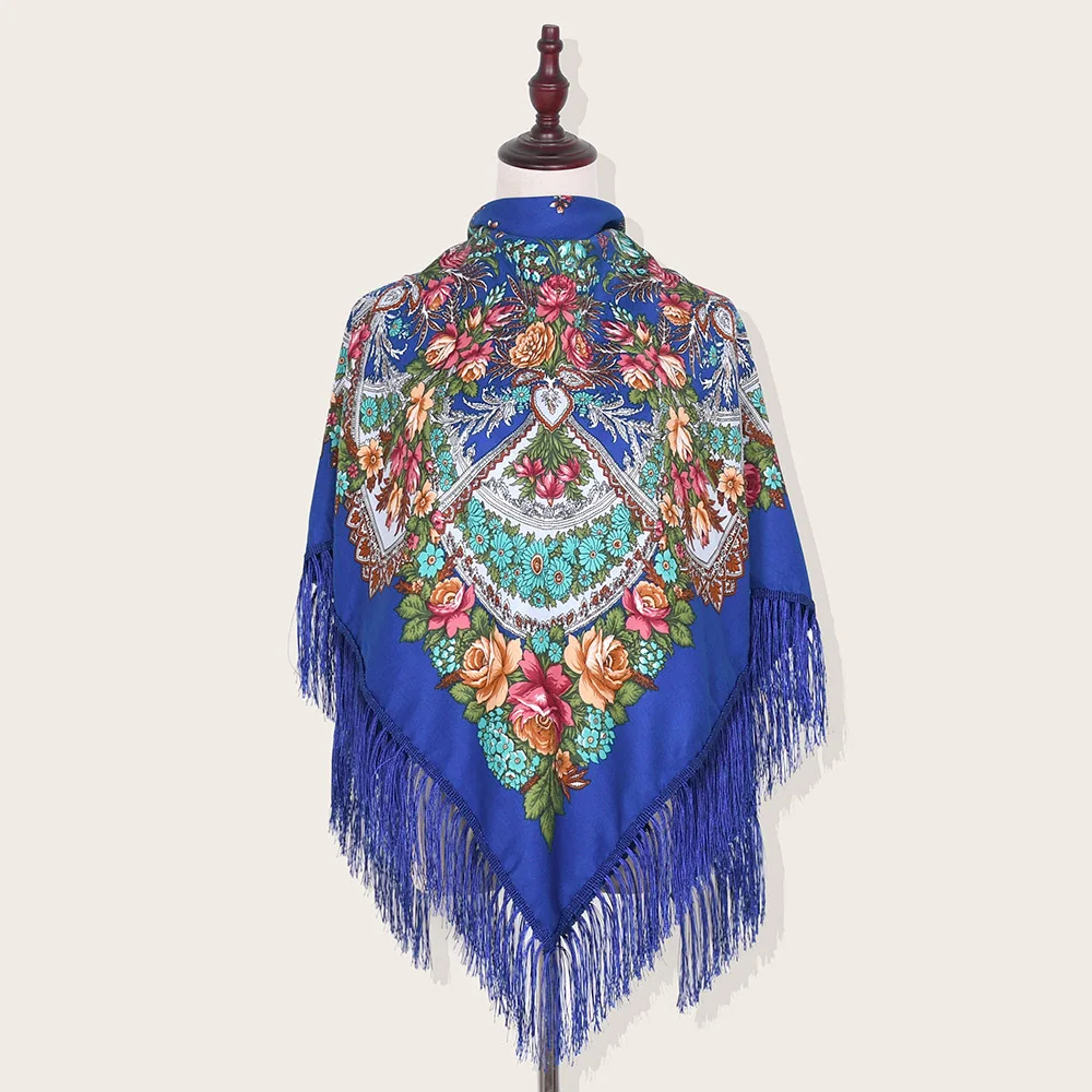 135*135cm Ethnic Style Russian Scarf Women Luxury Floral Print Square Scarves Fringed UKrainian Shawl Bandana Head Wraps