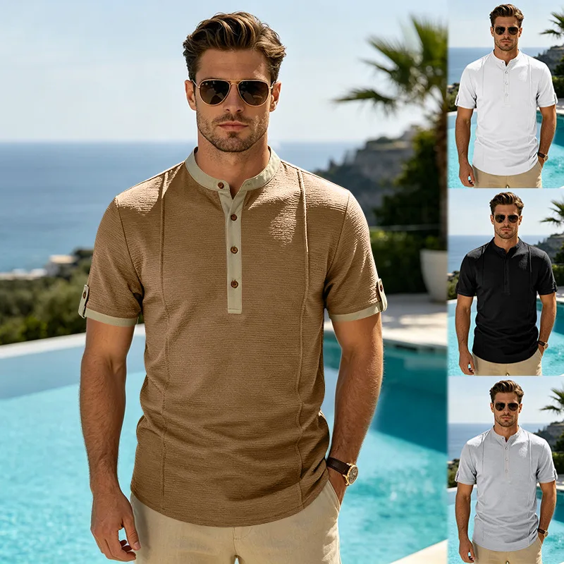 

New Men's Henley T-shirts Long Sleeve Basic Casual Band Collar T Shirts Comfortable Soft Pullover Tops Male Tee