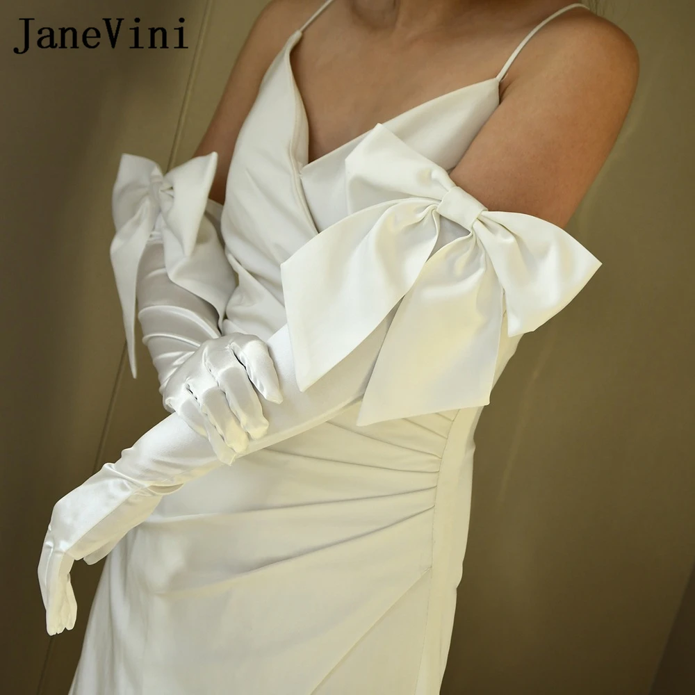 JaneVini 2025 White Satin Long Wedding Gloves for Bride Big Bow Elegant Full Finger Womens Bridal Wedding Sleeves Party Gloves