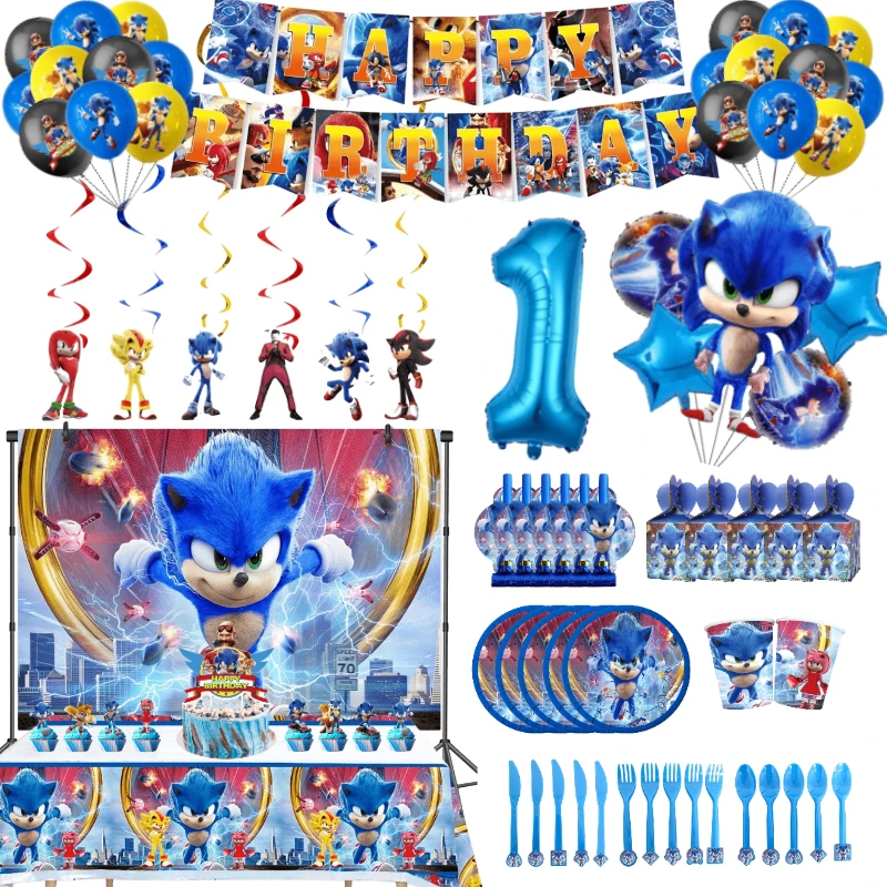 New Sonic Hedgehog Party Supplies Boys Birthday Party Tableware Set Paper Cup Plate Napkins Balloons Accessories Decorations