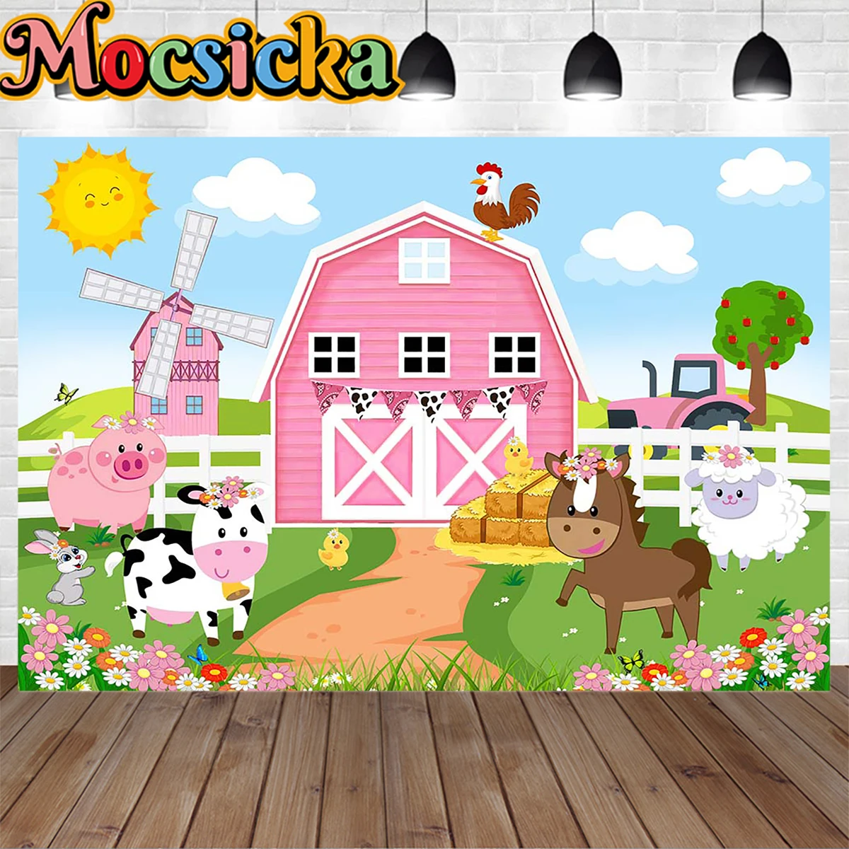 Pink Barn Girl Birthday Farm Party Background Banner Tractor Cow Animal Carnival Decoration Backdrop Newborn Cowgirl Photo Booth