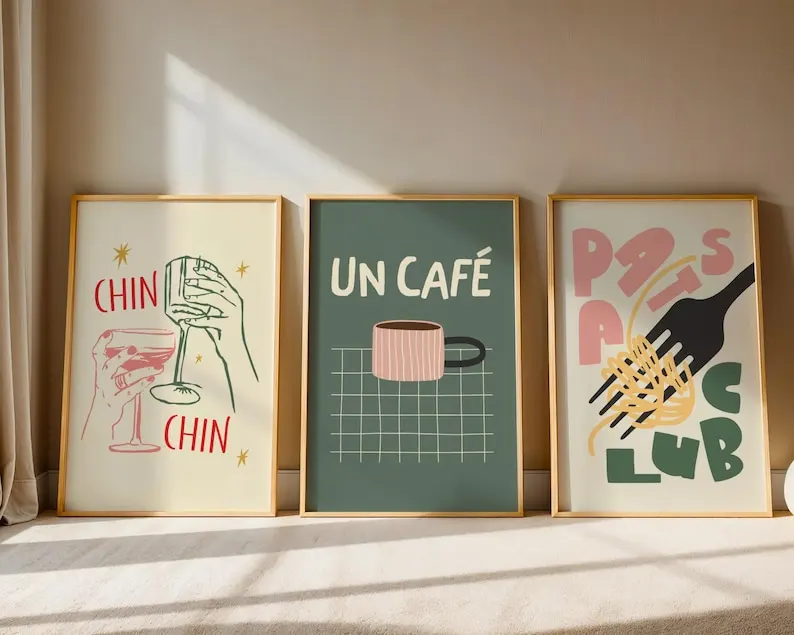 3-piece Frameless Kitchen and Dining Room Themed Decorative Painting Set: Green and Pink Modern Food Art Poster Set
