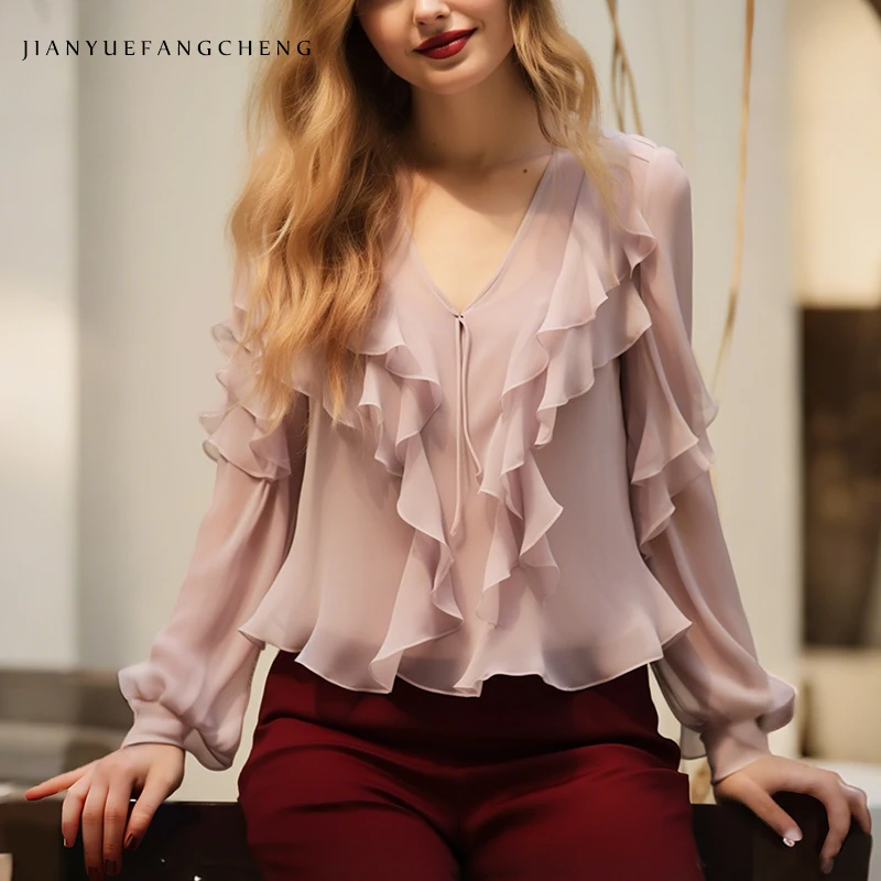 

Fashion Cascading Ruffled Chiffon Tops Blouse Women Long Sleeve V-neck Loose Casual Light Pink Pullovers Shirts