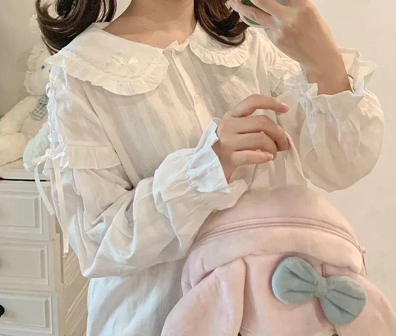 Camisa lisa japonesa Kawaii que combina con todo, Tops para niñas, blusas bonitas de moda Lolita para mujeres, blusa elegante con mangas abullonadas, ropa para mujer