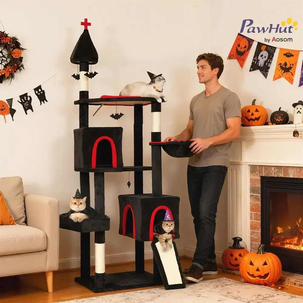 Extra Tall 78 Cat Tower with 2 Condos, Sisal Posts, Hanging Balls, Hammock, and Bed, Black & Red Halloween Theme