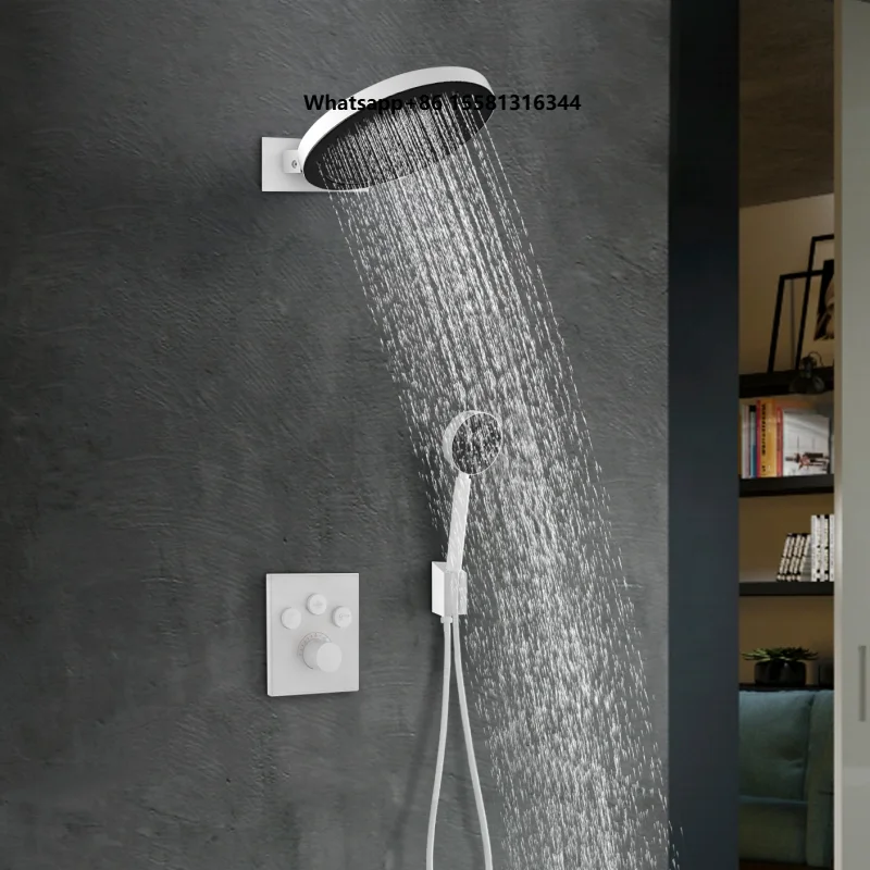 Concealed Wall Mounted Polished Brass Rain Function Hand Shower with White Bath Faucet Apartment Bathroom Shower Set