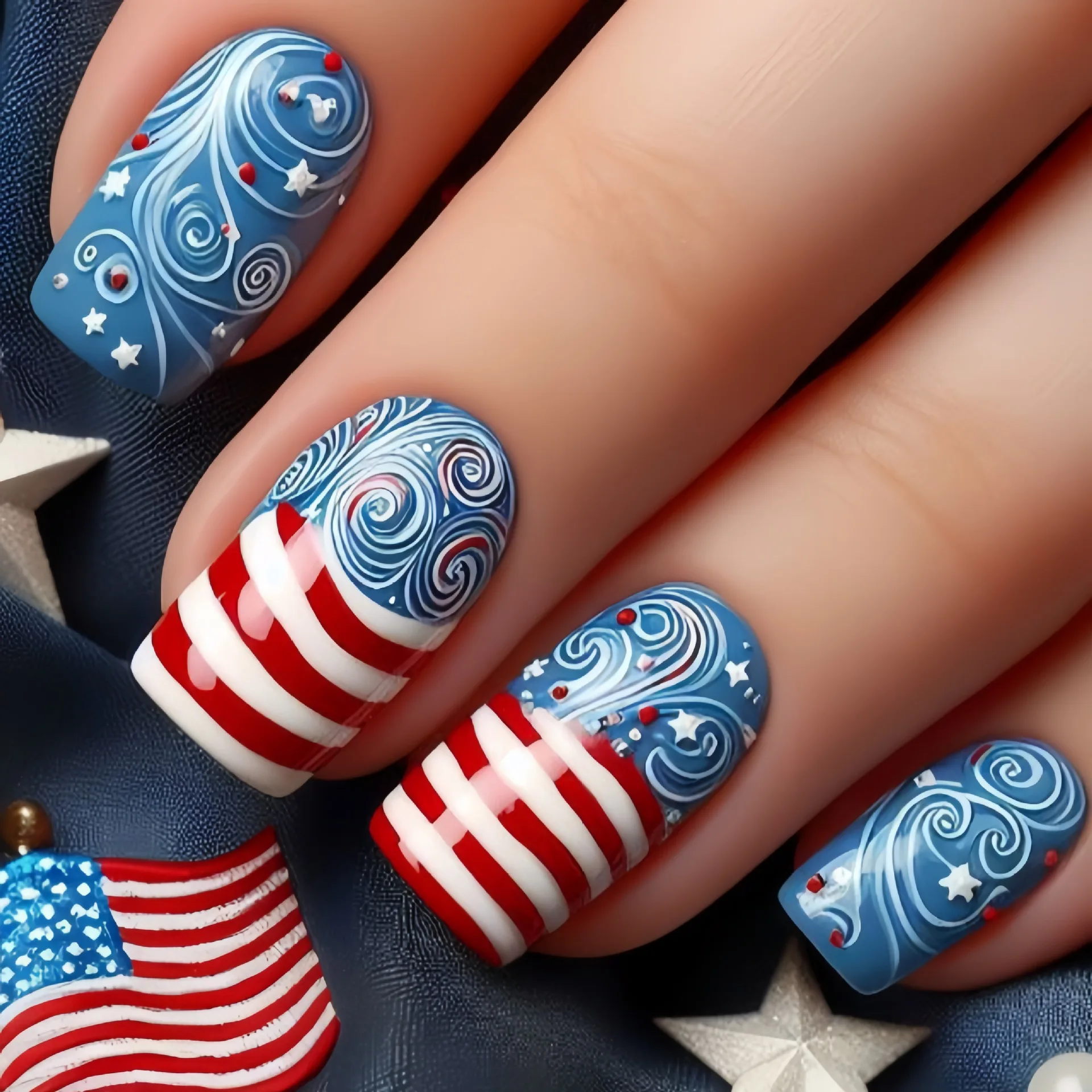 24pcs/set Short Medium square ballet fake nails tip for American Independence Day blue red flowers star flag press on false nail