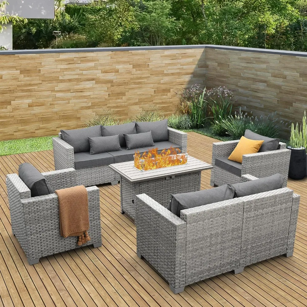 

Patio Furniture Set 5 Piece Outdoor Furniture with Fire Pit Table,Backyard Deep Seating PE Rattan Chairs