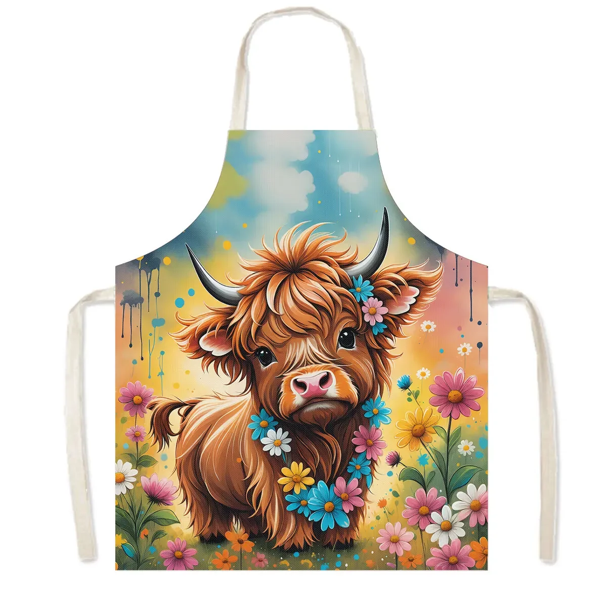 Cute Animal Highland Cow Print Cooking Apron Women Men Baking Home Cleaning Clothes Aprons Chef Waiter Barber Pinafore Gift