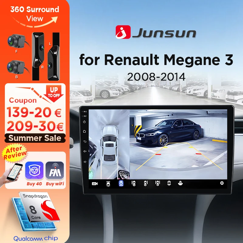 Junsun Qualcomm 8 cœurs 360 °   Caméra panoramique CarPlay Android Auto autoradio pour Renault Megane 3 Fluence Samsung SM3 2008-2014