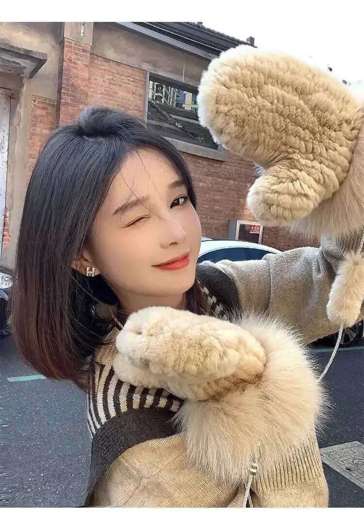 Real Rex Rabbit Fur Gloves For Women Winter Plush Thickened Warm Real Fur Gloves Handmade Knitted Fur Gloves Keep Warm Mittens