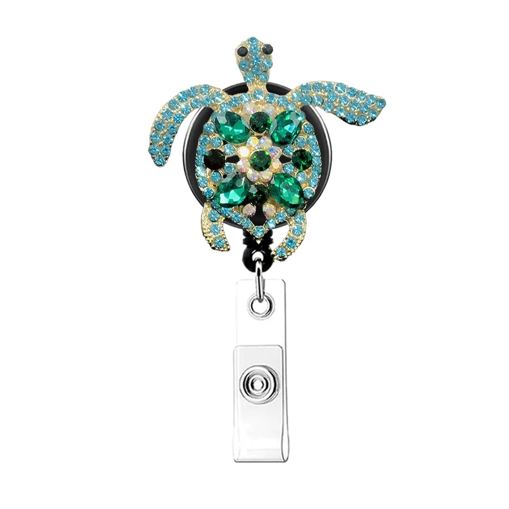 Shiny Badge Clip Retractable Metal Alligator Clip Badge Reel Rhinestone Turtle Badge Reel Rhinestone-Embellished Decorative