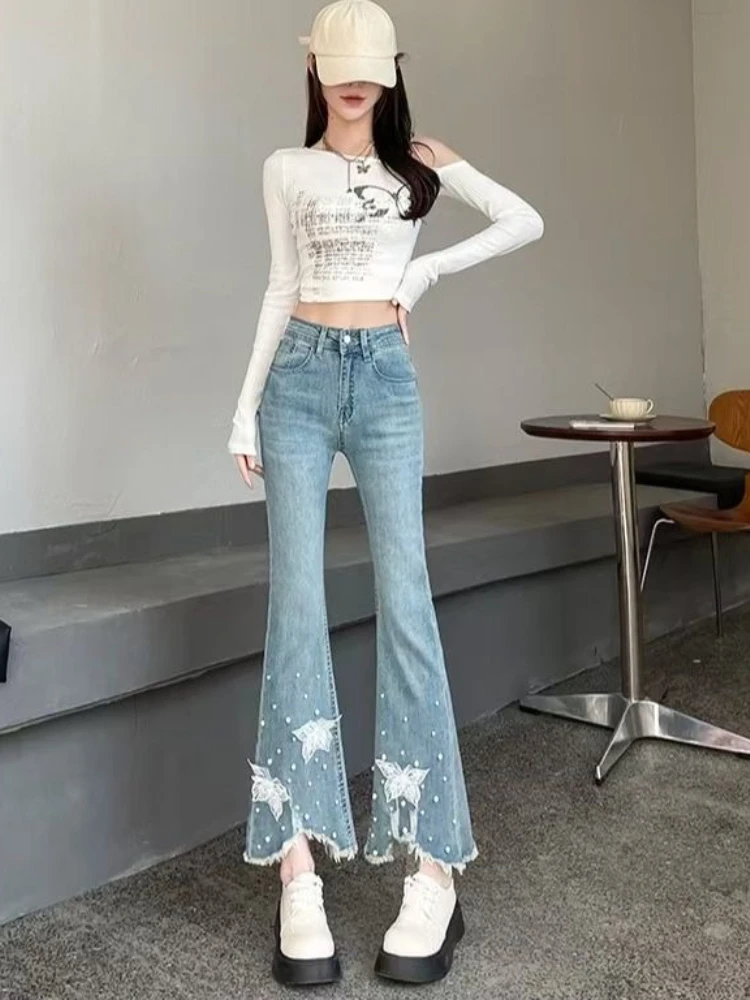 

Women's Denim Jeans Spring Summer 2026 Distressed Slim Flare Pants Beaded Embroidery Stretch Cropped Bootcut Trousers