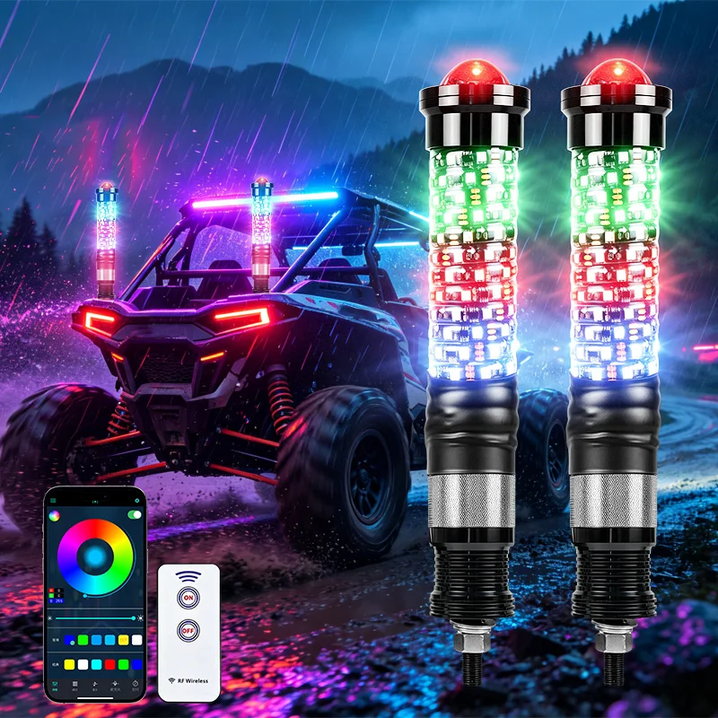 2-in-1 RGB Fat LED Whip Light with 40W Top Laser Beam App Control Sync Motion Signals Off-Road Flag Pole for UTV, ATV, Sand Rail
