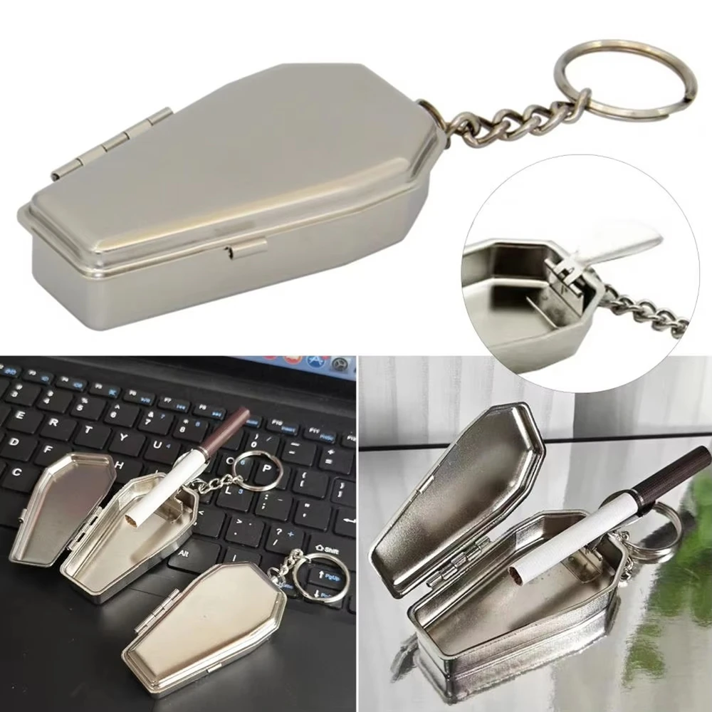 

Mini Casket Ashtray with Keychain Stylish Windproof Metal Cool Ashtray Portable Coffin Car Keychain Ash Organizer for Camping
